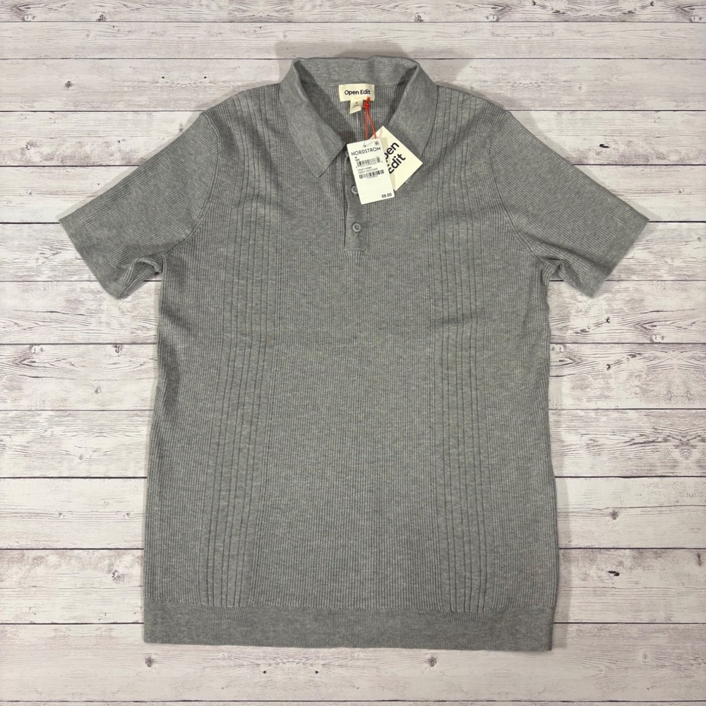 Open Edit Mens Gray Ribbed Knit Polo Shirt Short Sleeve Medium Casual